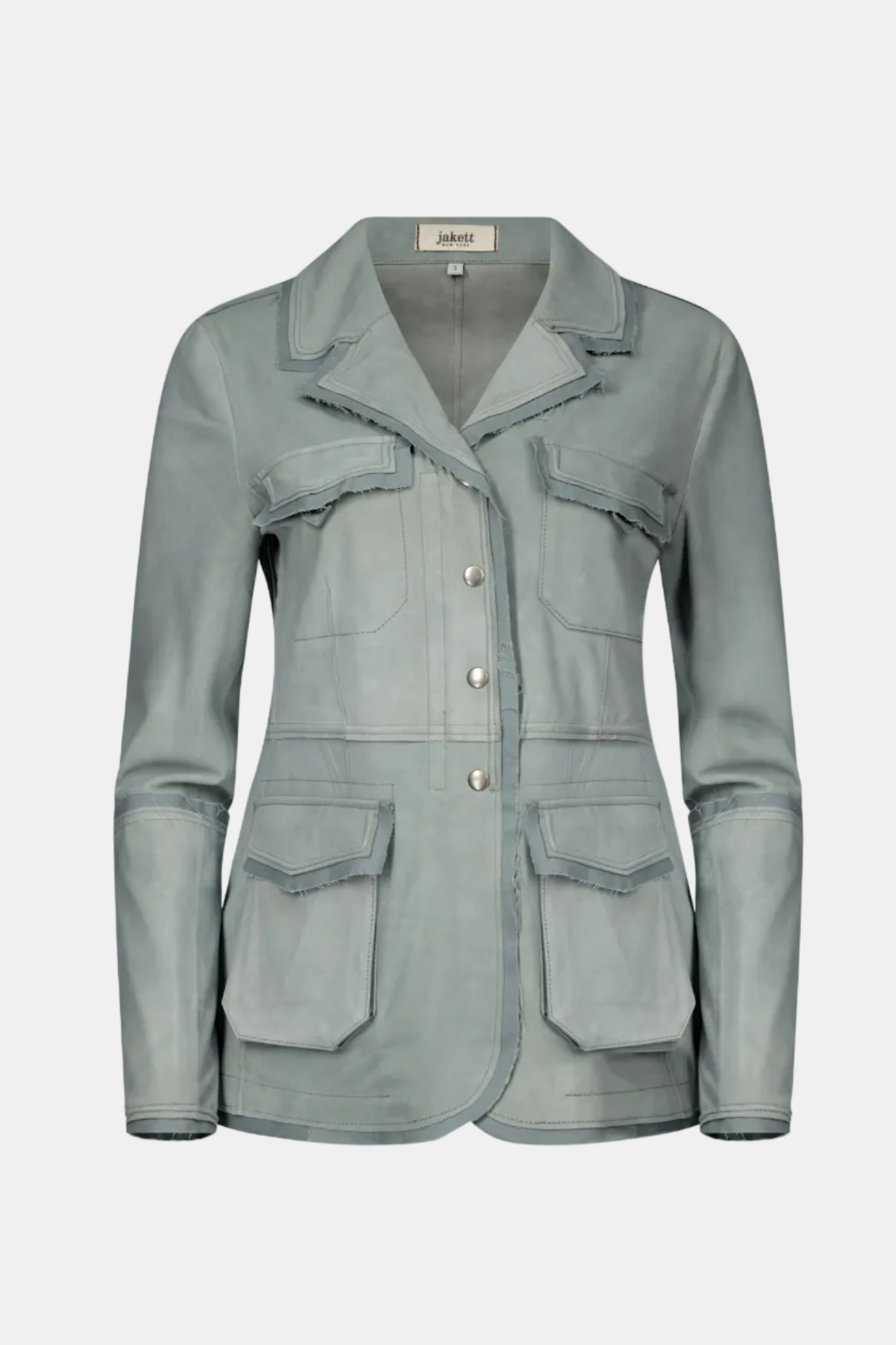 Light blue jacket with button details on a white background