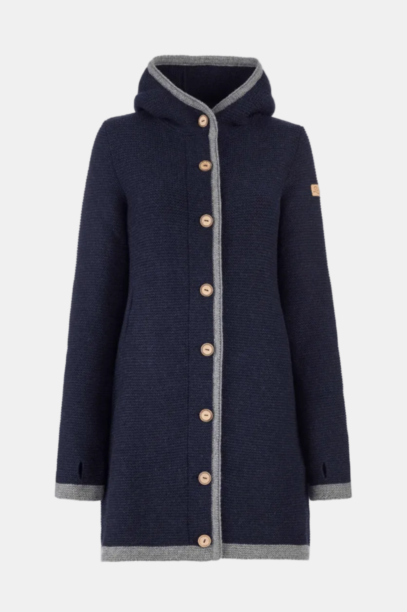 Navy blue coat with gray hood and buttons on a white background