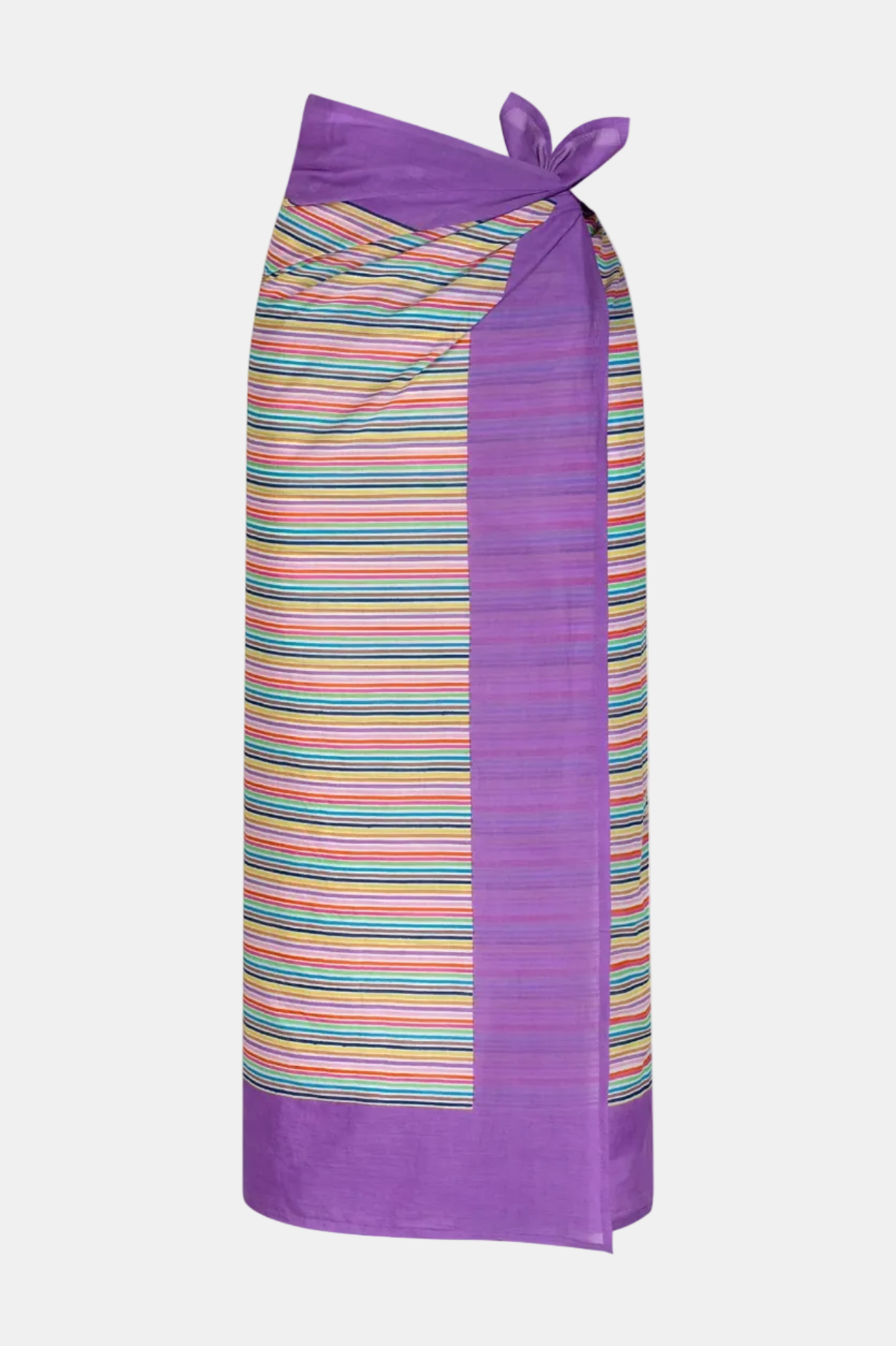 Colorful striped wrap with a purple border on a white background
