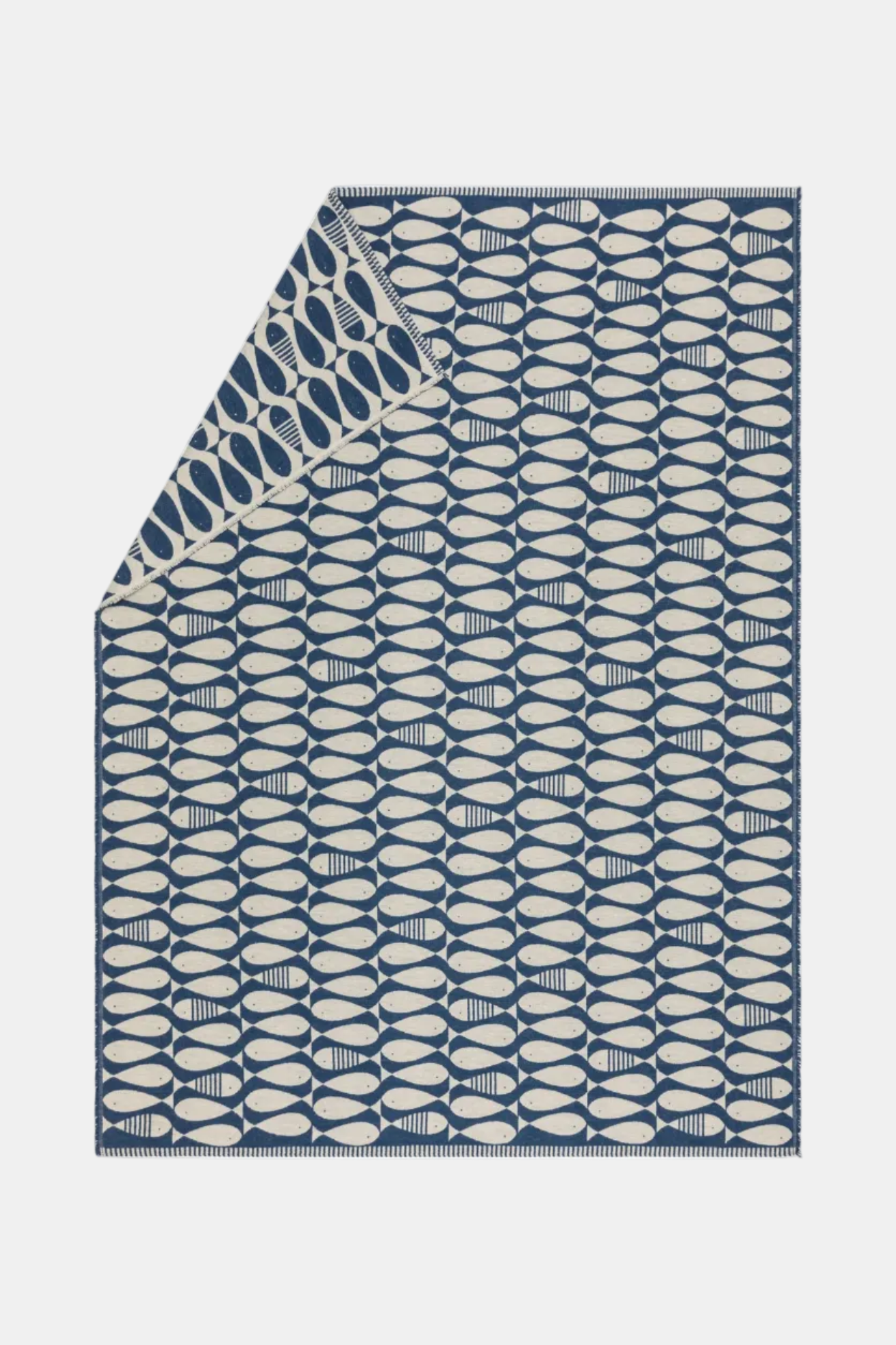 Blue and white patterned rug on a white background