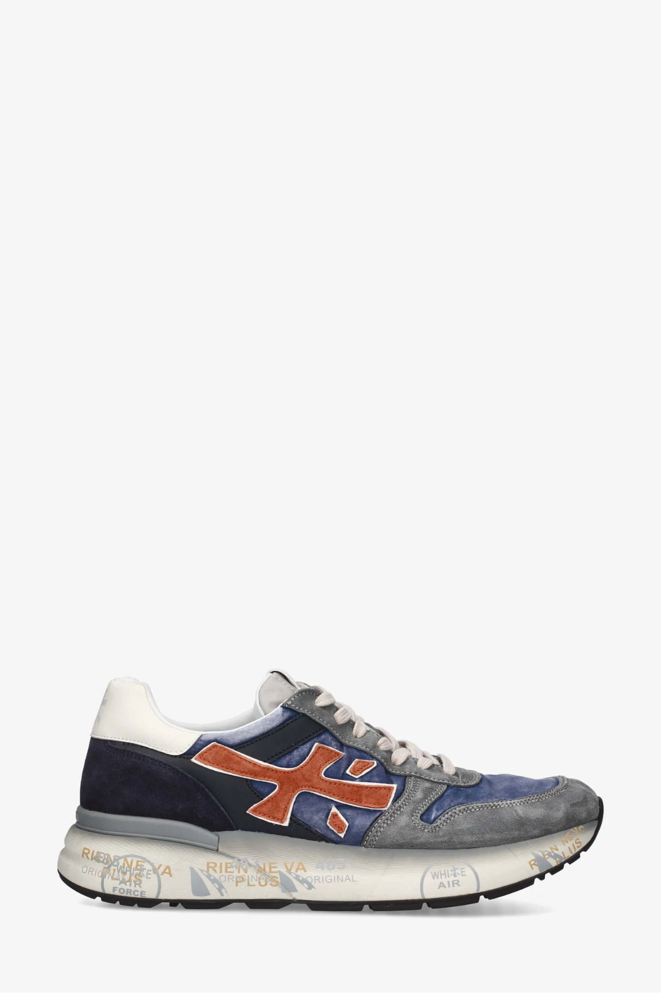 Sneaker with a blue and orange design on a white background