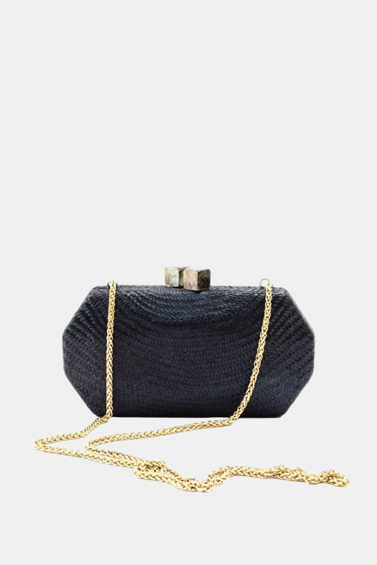 Navy blue clutch bag with gold chain on a white background