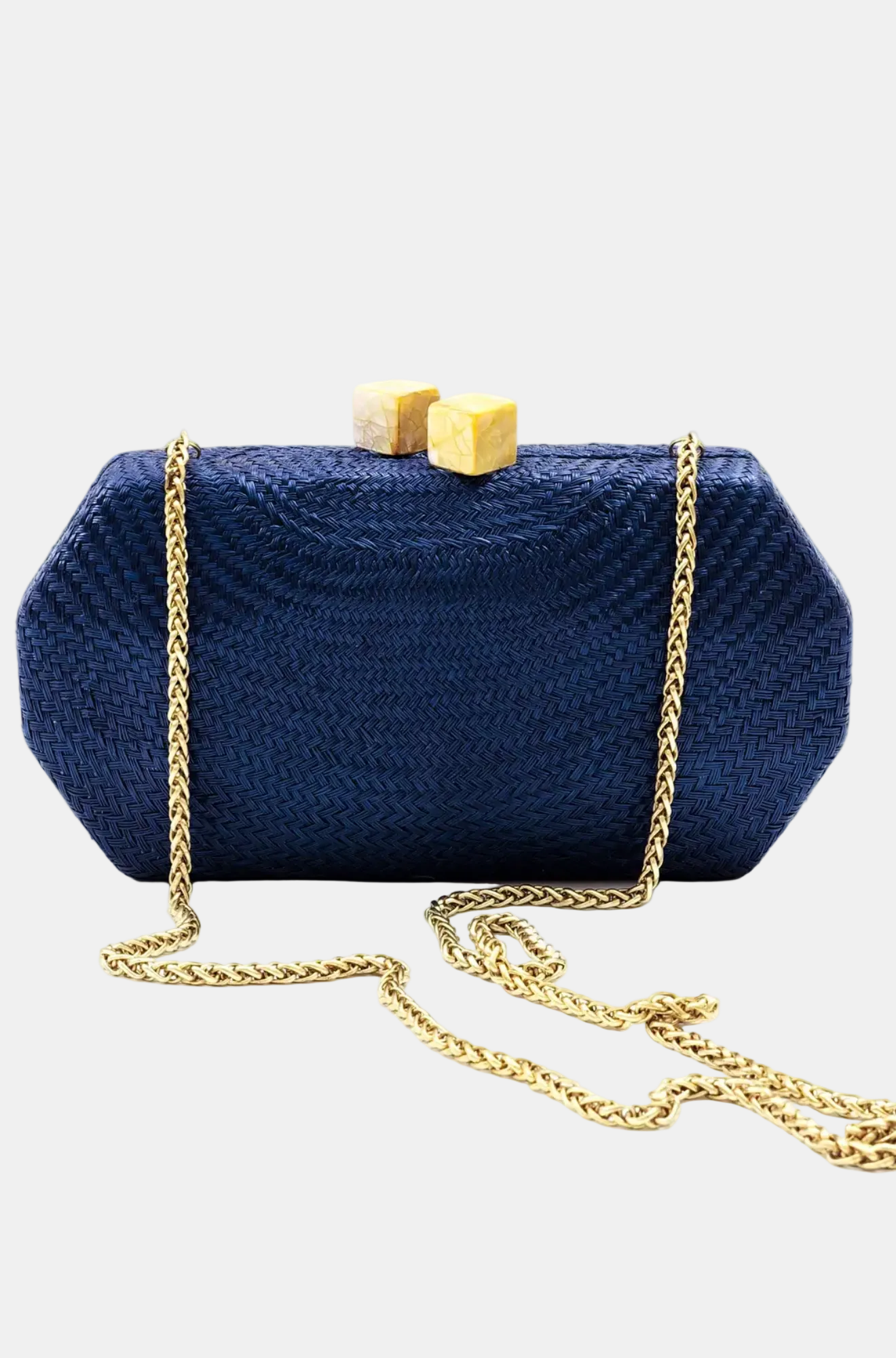 Blue clutch bag with gold chain on a white background