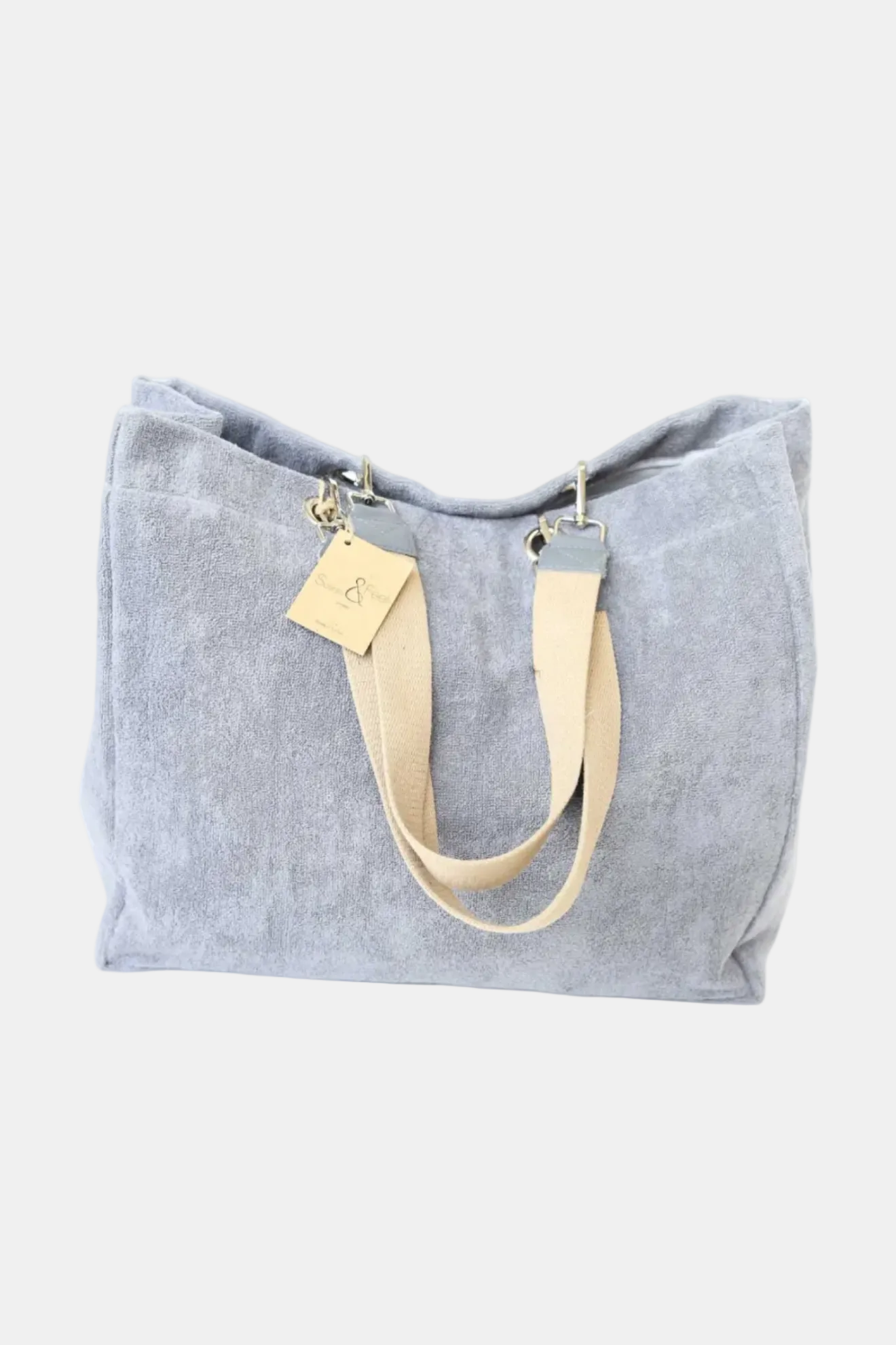 Gray tote bag with beige handle on a white background