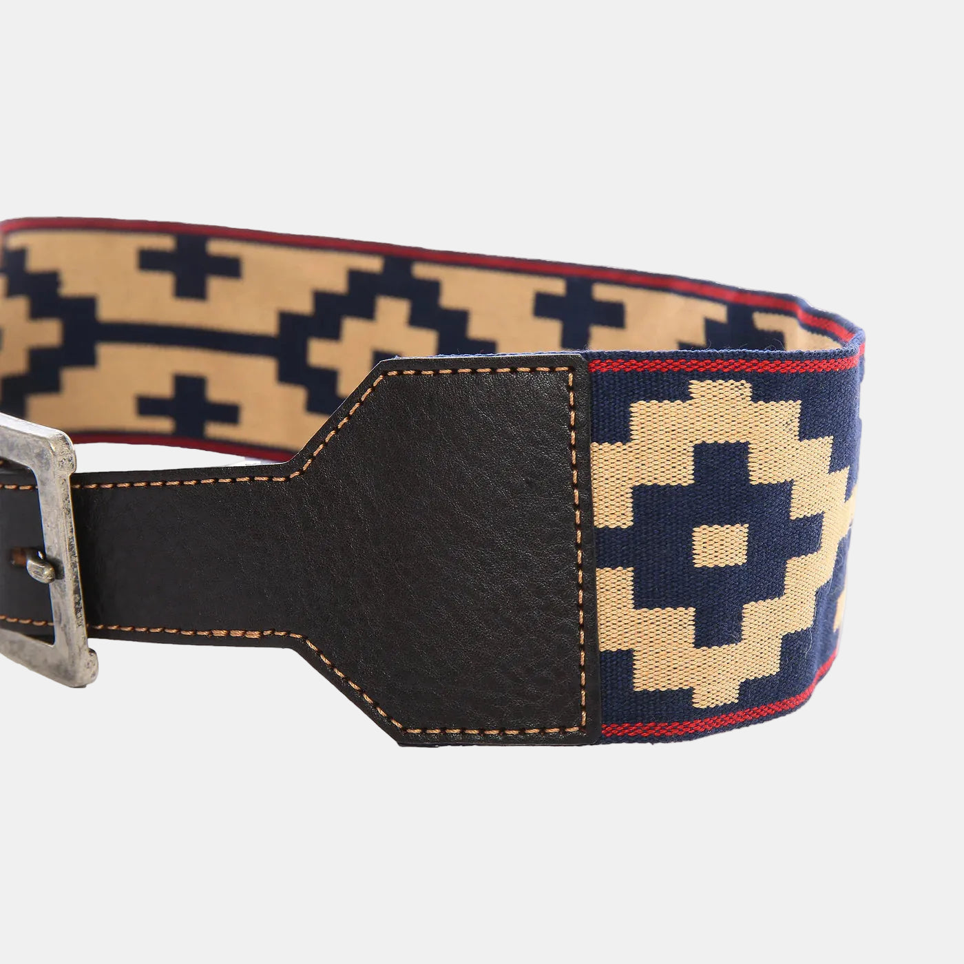 Belt with geometric pattern and leather buckle on a white background