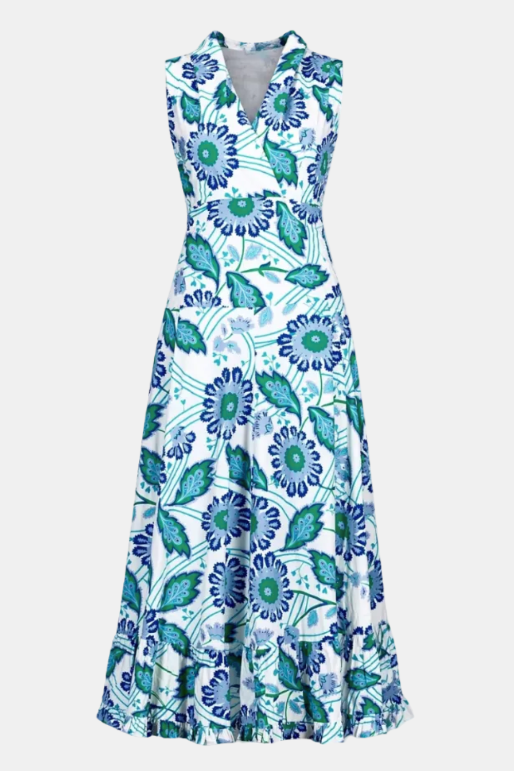 A sleeveless V-neck maxi dress with a blue, green, and teal floral pattern on a white background, shown against a light gray studio backdrop.