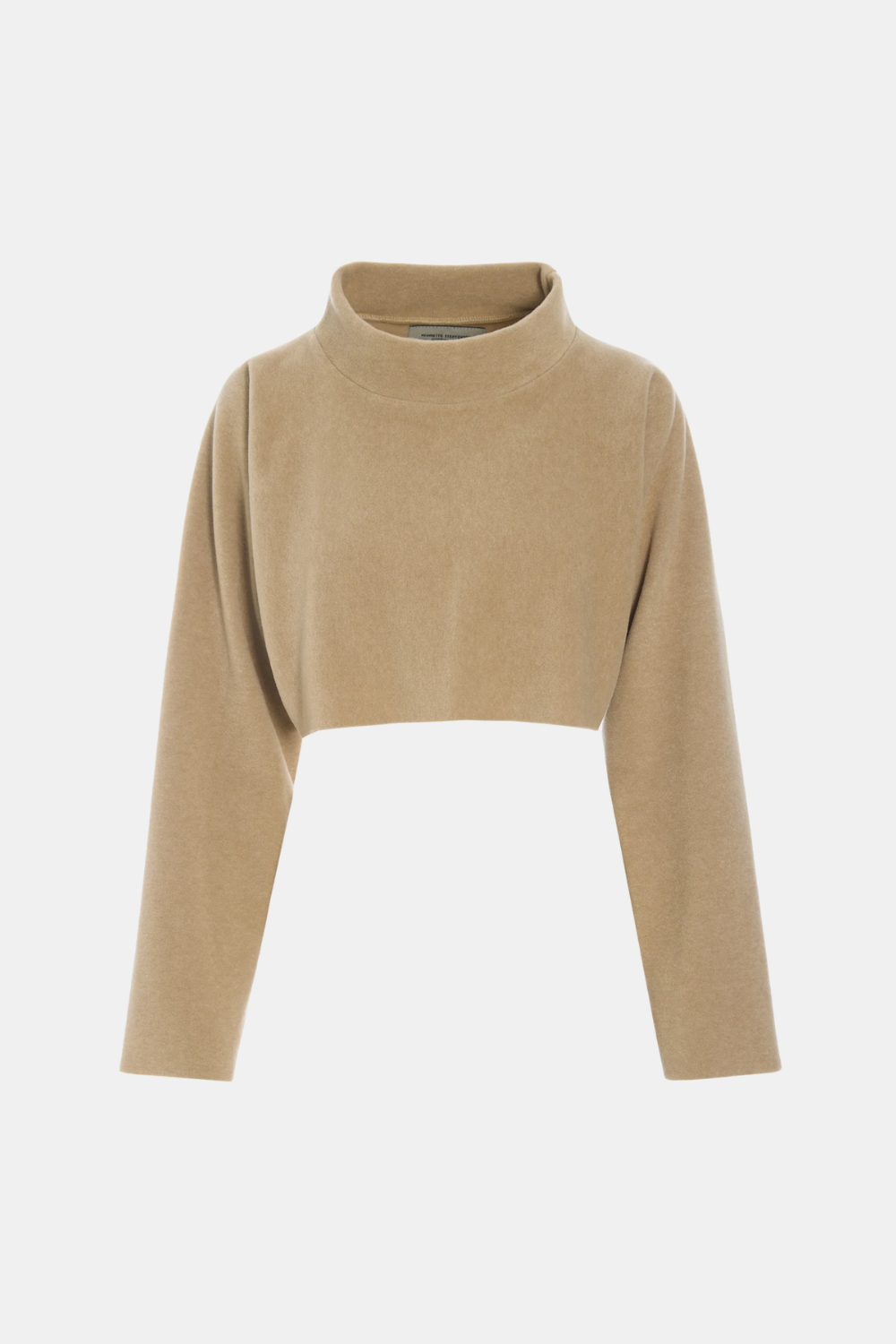 A cropped long-sleeve knit top in a warm camel beige color, featuring a mock neck and drop shoulders, shown against a plain light gray background.