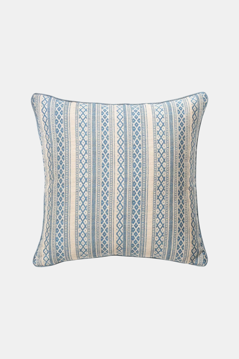 A square decorative throw pillow featuring a vertical tribal-style pattern in shades of blue and cream, set against a solid light gray background.