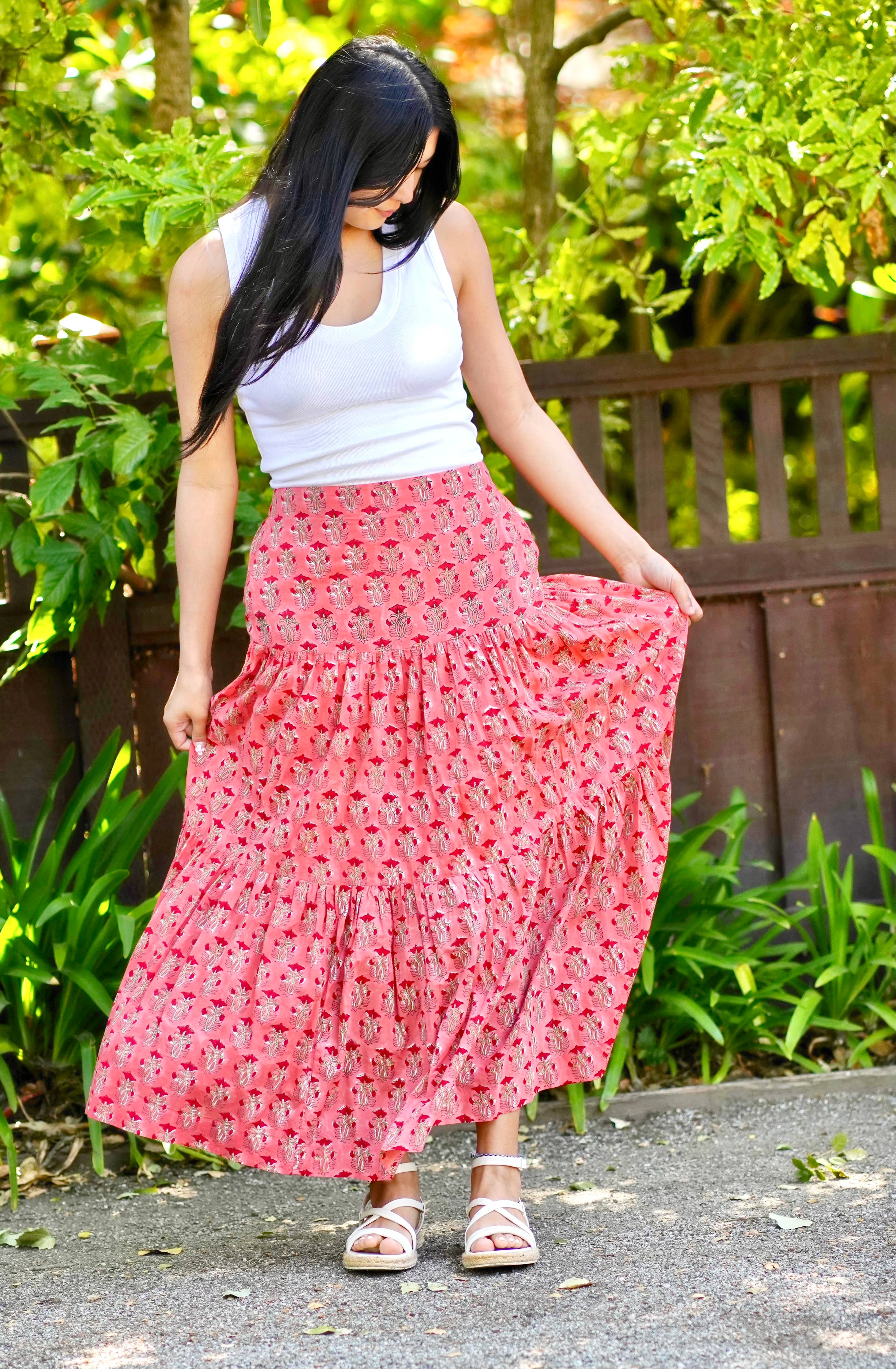 Block Printed Tiered Cotton Skirt-Coral
