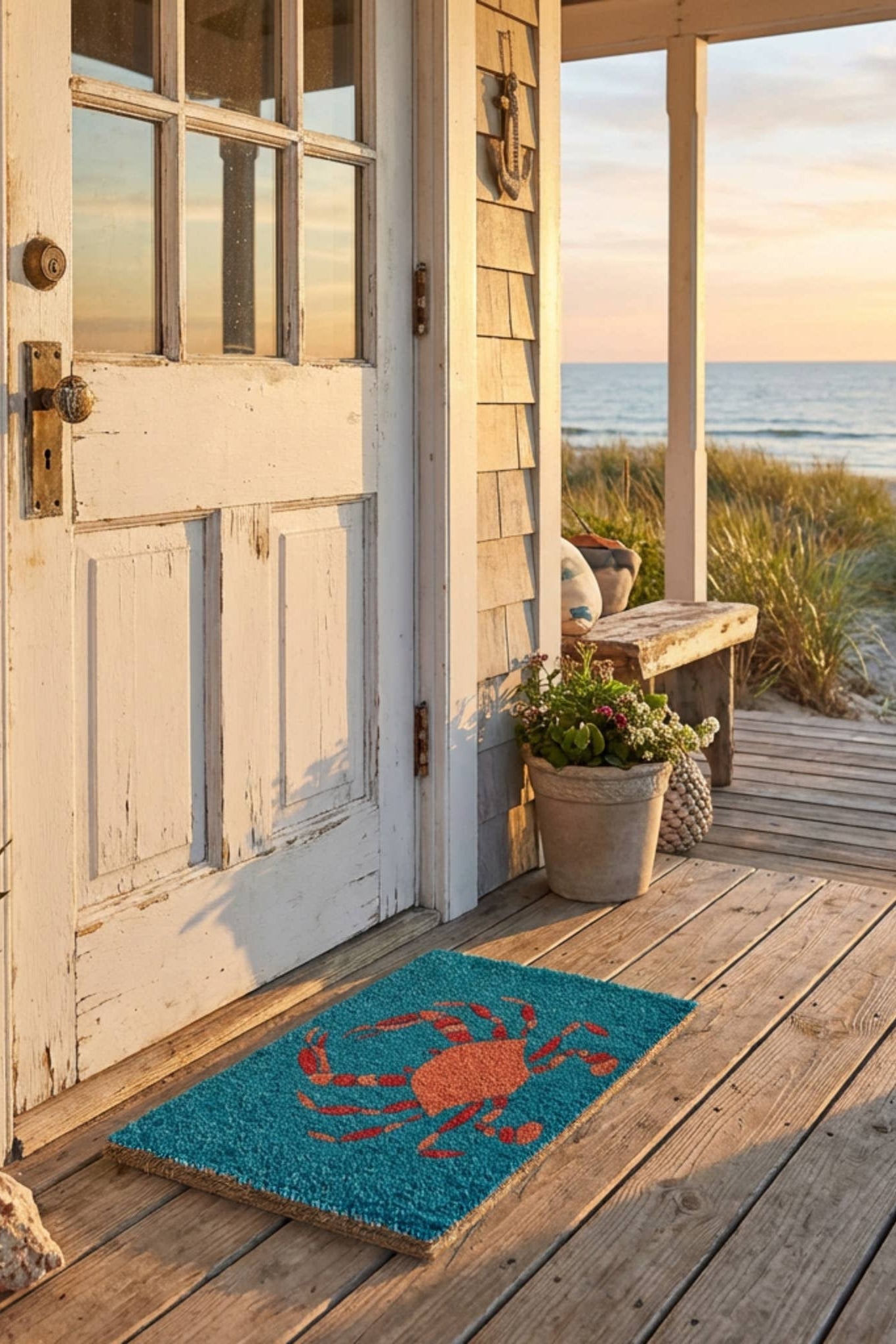 Beach house entrance with a blue doormat featuring a red crab design, wooden deck, and ocean view.