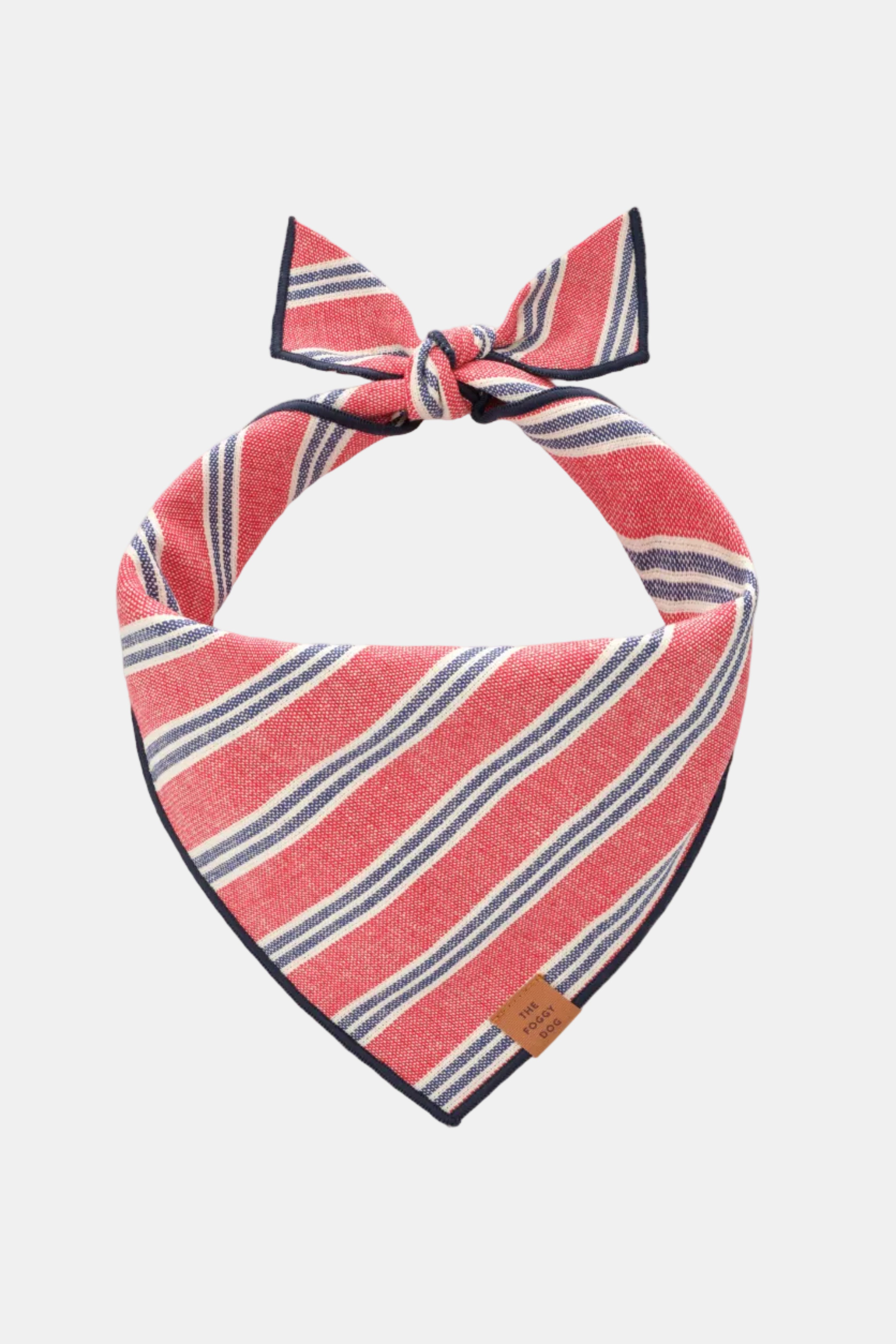 Red and blue striped dog bandana on a white background