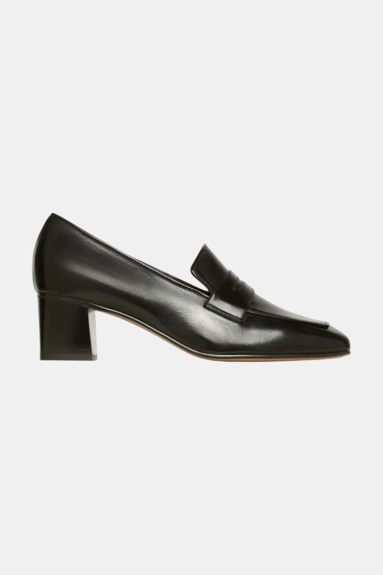 Black woven sandal with a block heel on a white background