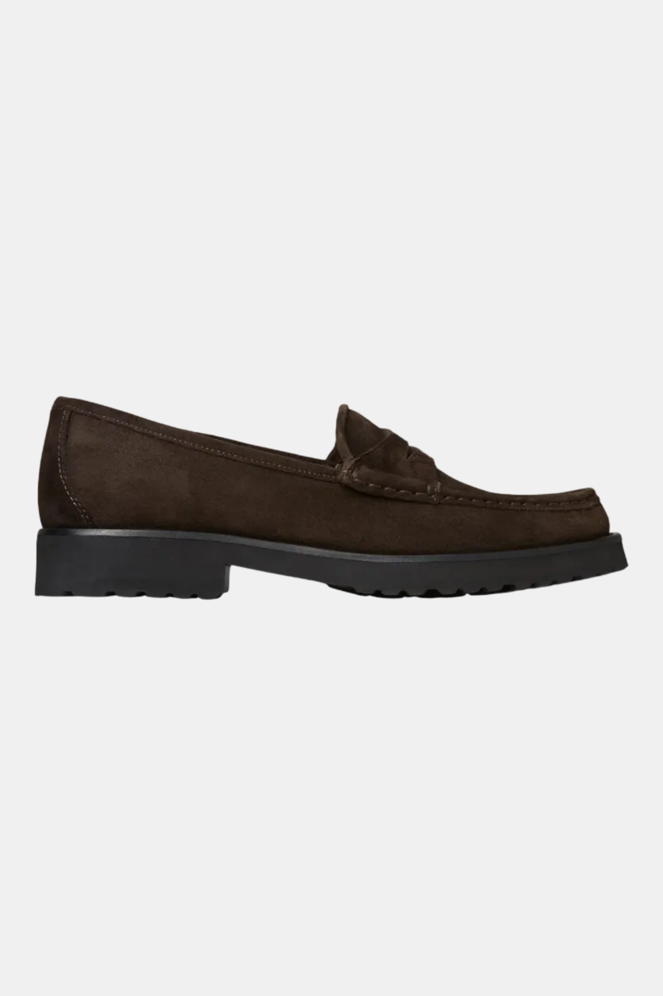 Brown suede loafers on a white background