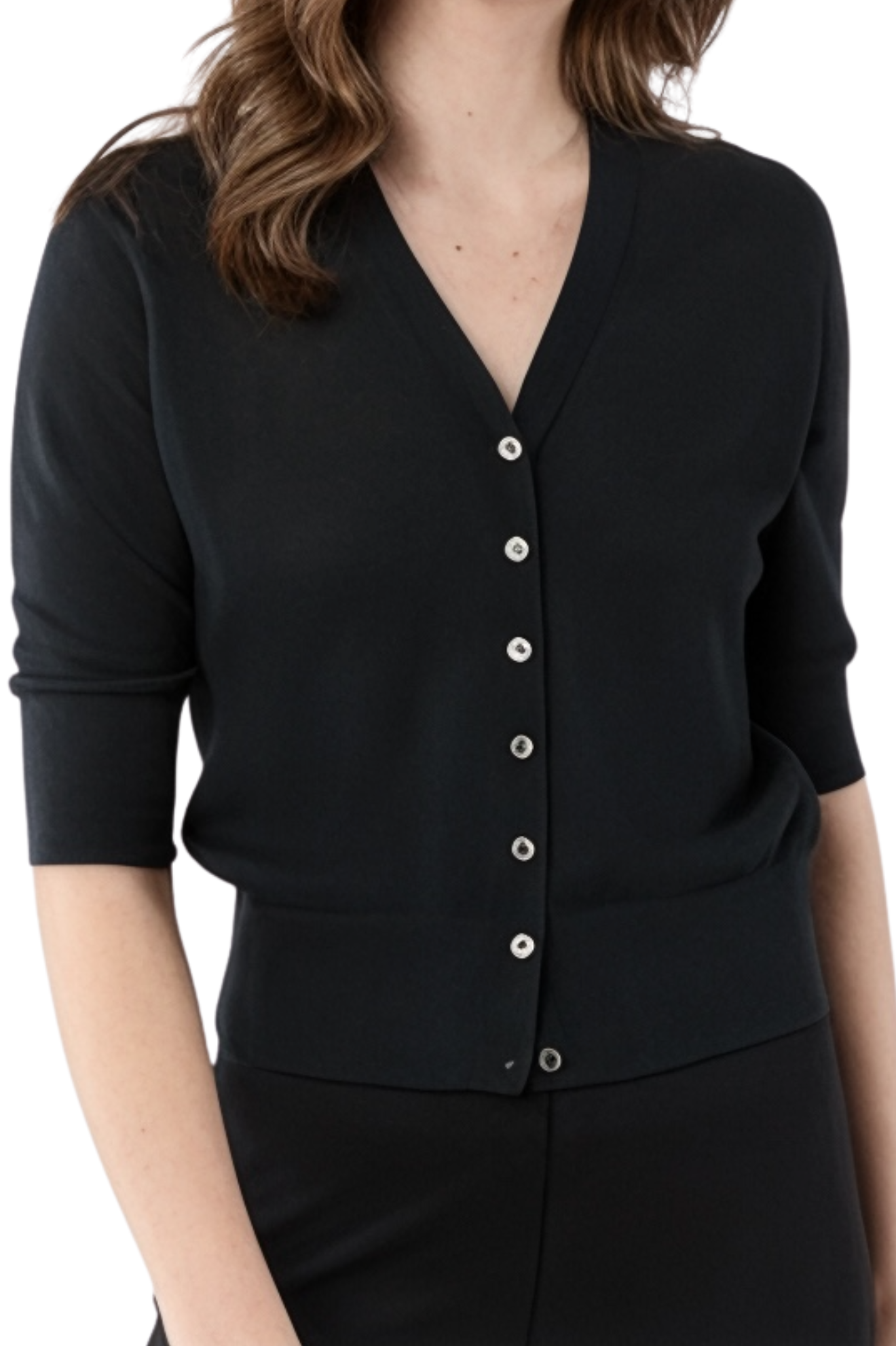 Black cardigan with silver buttons worn by a person on a white background