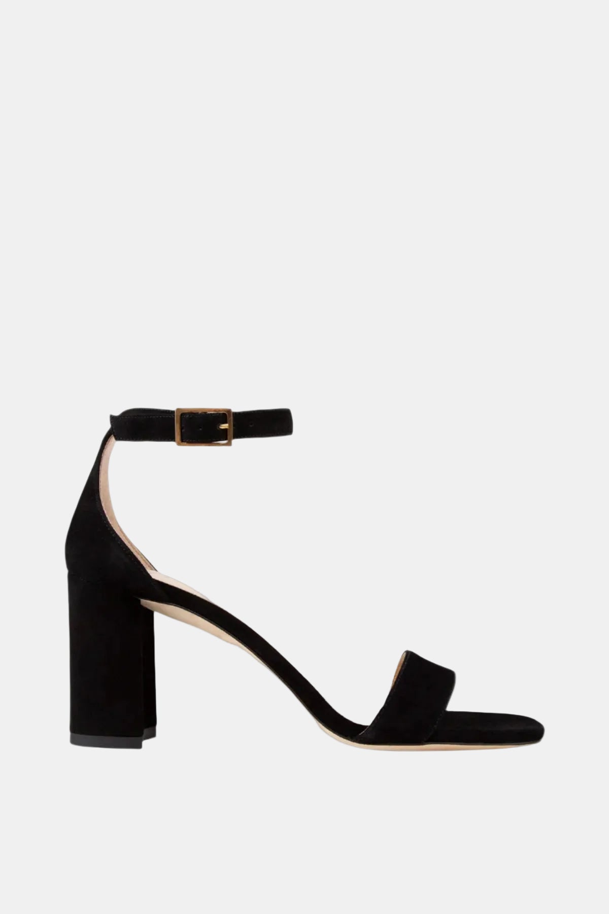 Black sandal with a block heel on a white background