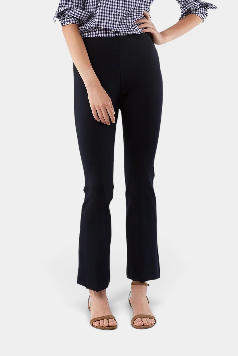 Ann Mashburn Faye Flare Cropped Pant in black stretch ponte knit with a clean elastic waist and kick flare hem.