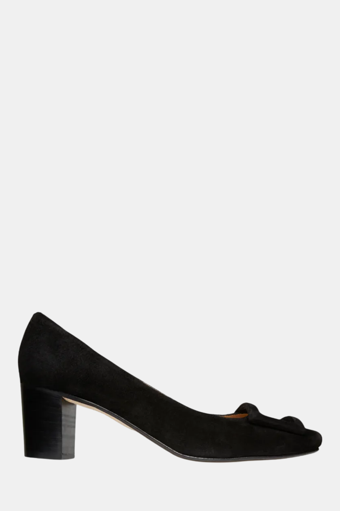 A leopard print pump with a higher heel and covered buckle, on a white background.