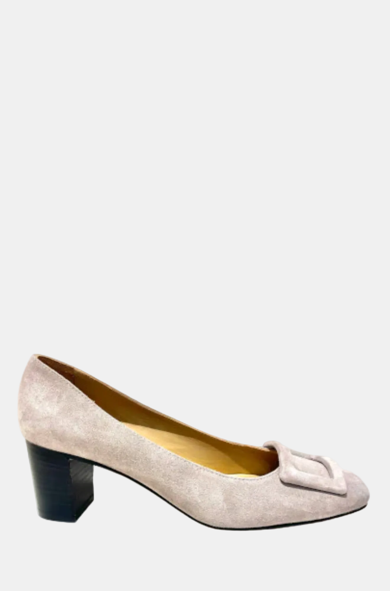 A leopard print pump with a higher heel and covered buckle, on a white background.