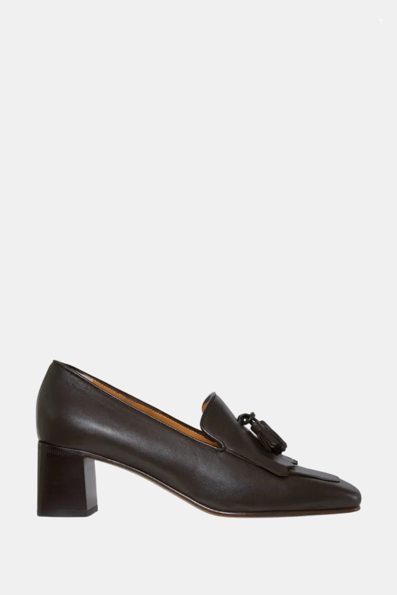 A brown leather pump with a block heel and tassel detailing on the vamp.