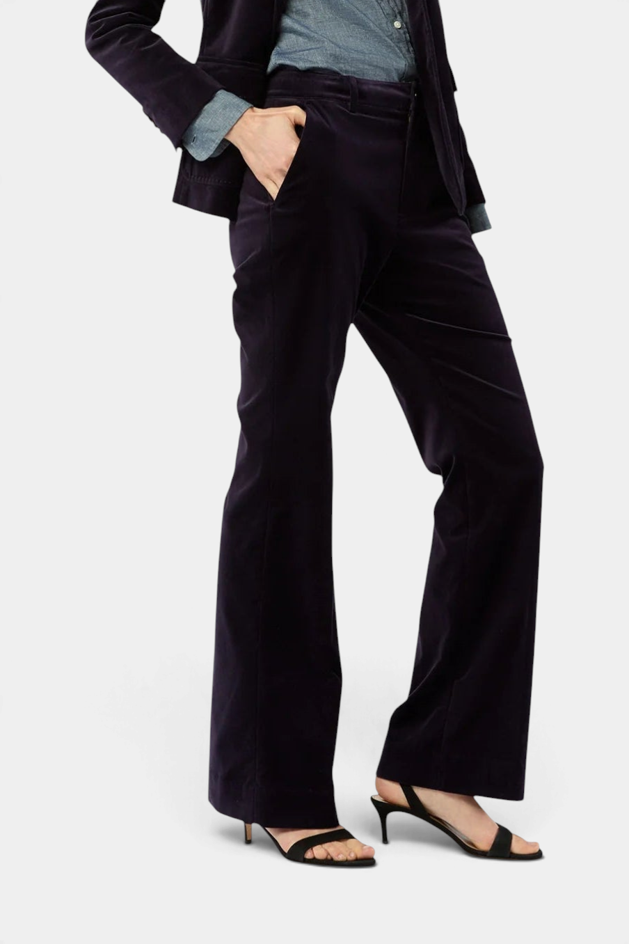 Ann Mashburn Lindy trouser in dark purple stretch velveteen with a high rise and flared leg fit.