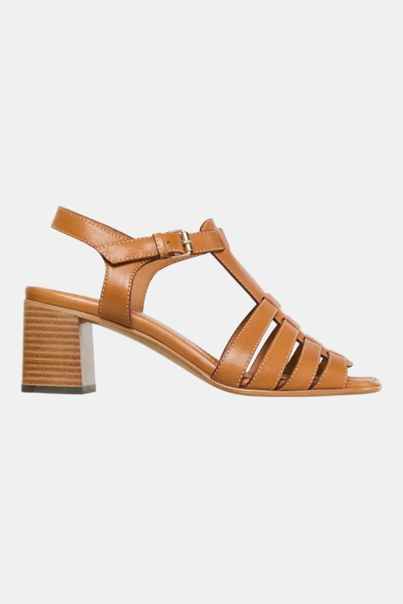 A brown open-toe fisherman heel sandal with buckle closure and stacked heel.