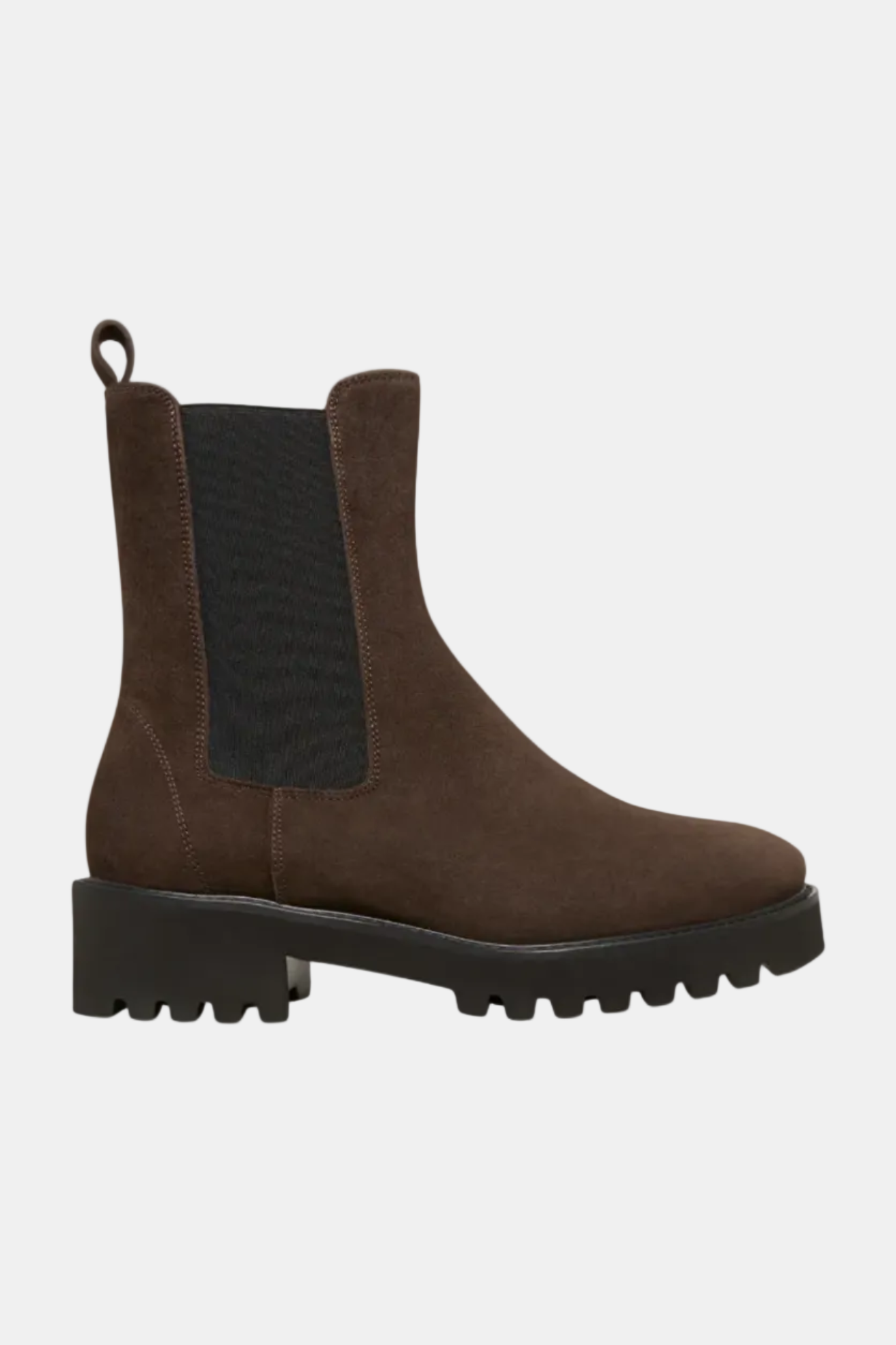 A dark brown suede Chelsea boot with a black elastic side panel and a chunky black lug sole, shown from a side profile on a white background.