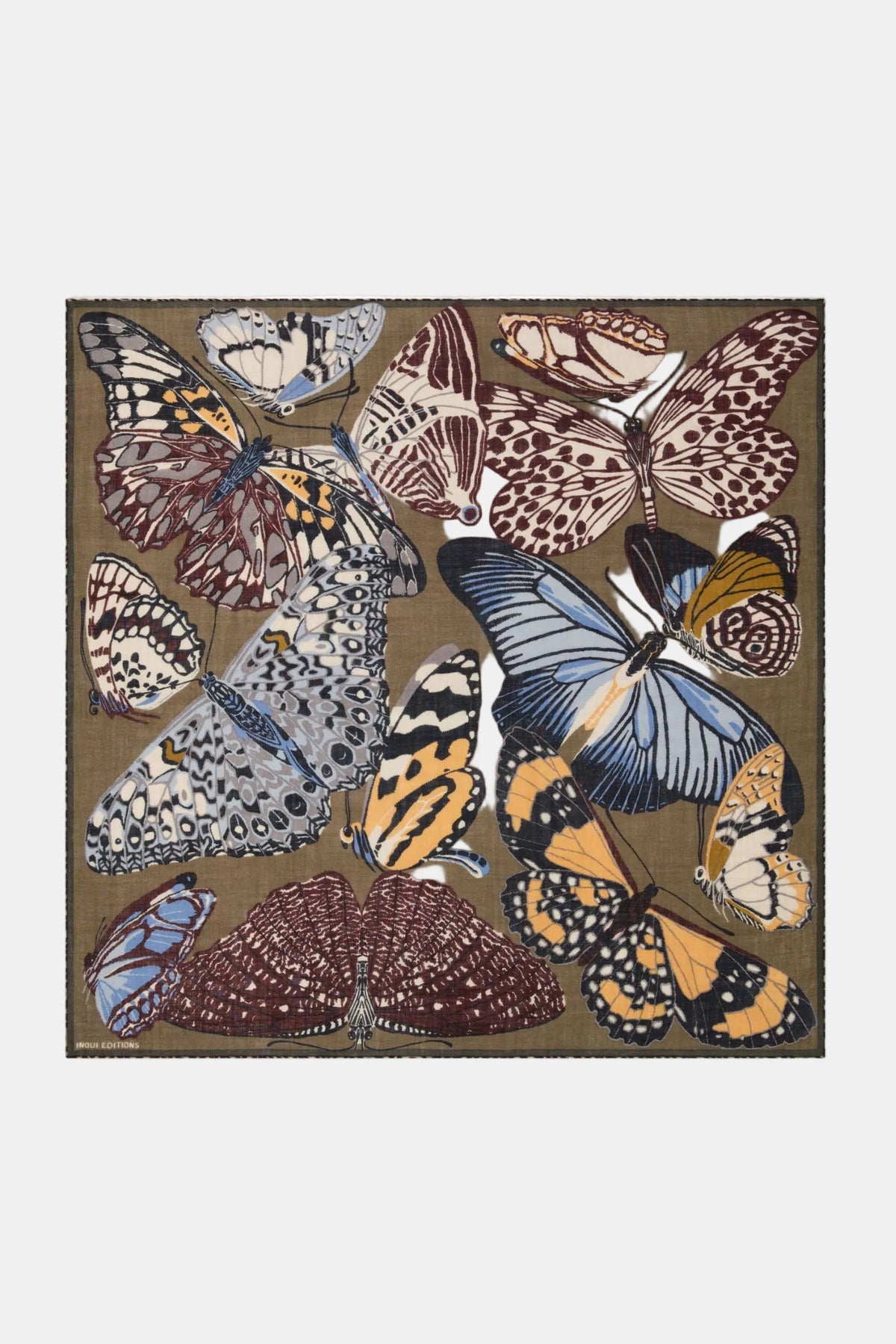 A square scarf featuring a detailed print of various butterfly and moth species on a warm brown background, presented flat against a light gray backdrop.
