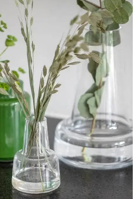 Clear glass vase with dried plants on a dark surface, with green and clear vases in the background.