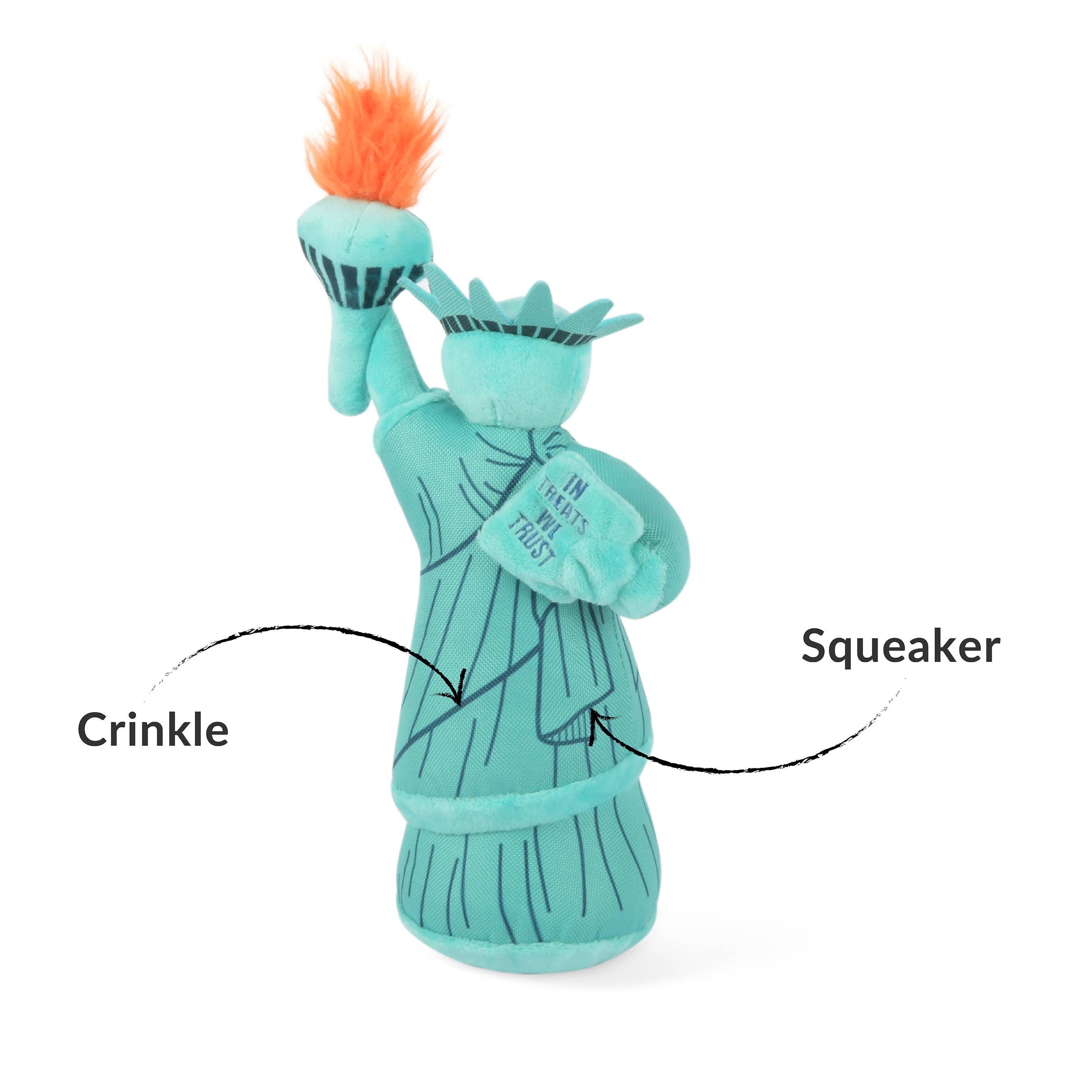 Toy resembling the Statue of Liberty with labeled crinkle and squeaker features on a white background