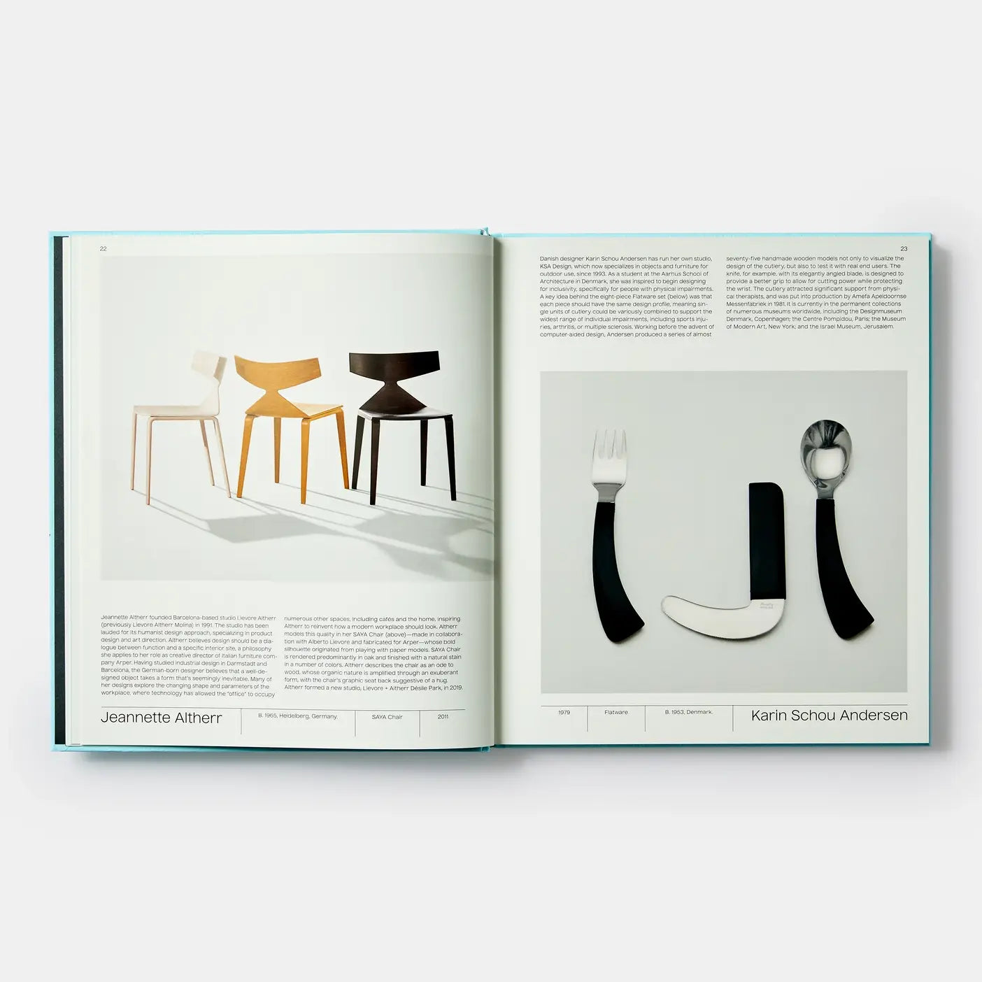 Open book displaying design illustrations and text on a white background