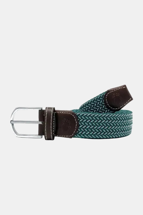 Green woven belt with brown leather buckle on a white background