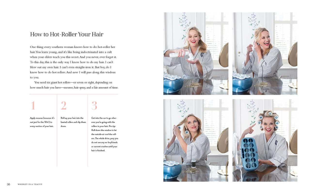 Step-by-step guide on how to use a hot roller, with a woman demonstrating the process.
