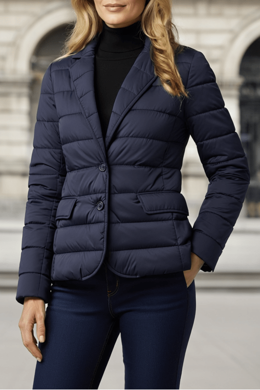 Woman wearing a navy puffer jacket in front of an architectural background