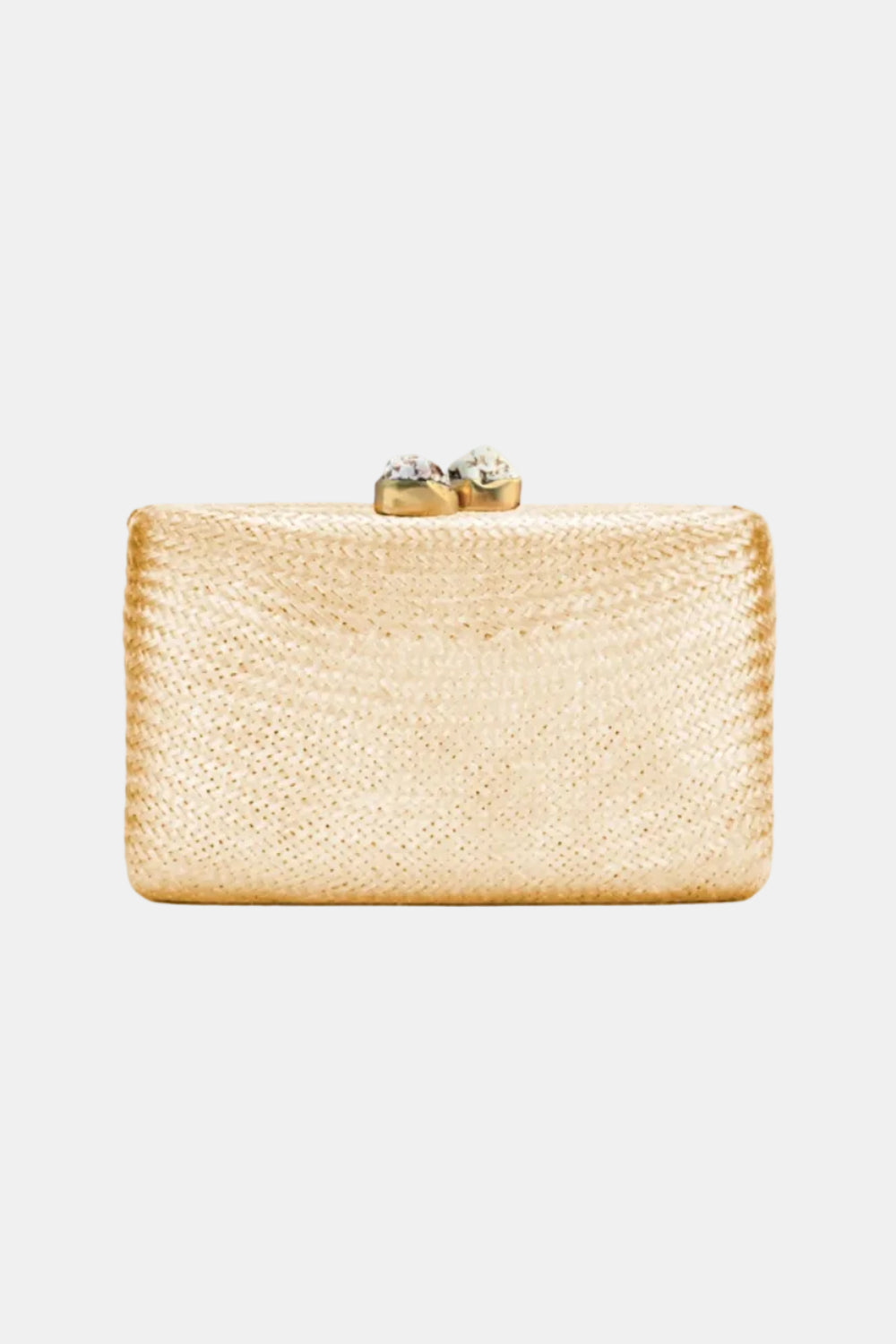 Gold clutch bag with textured surface on a white background