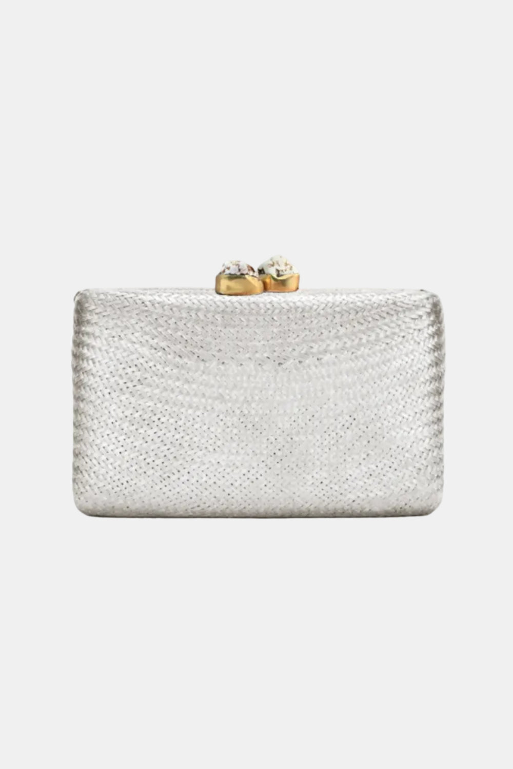 A silver woven clutch purse with a textured pattern and two gold-tone metal clasps decorated with clear rhinestones at the top, shown against a plain white background.