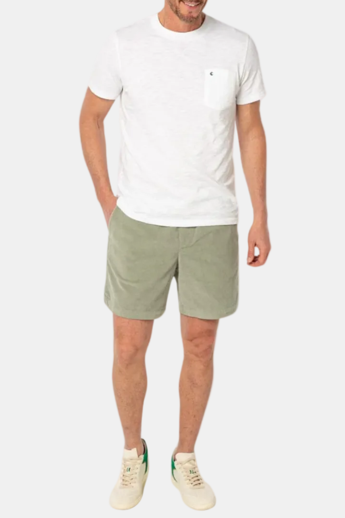 Man wearing a white t-shirt and green shorts on a white background