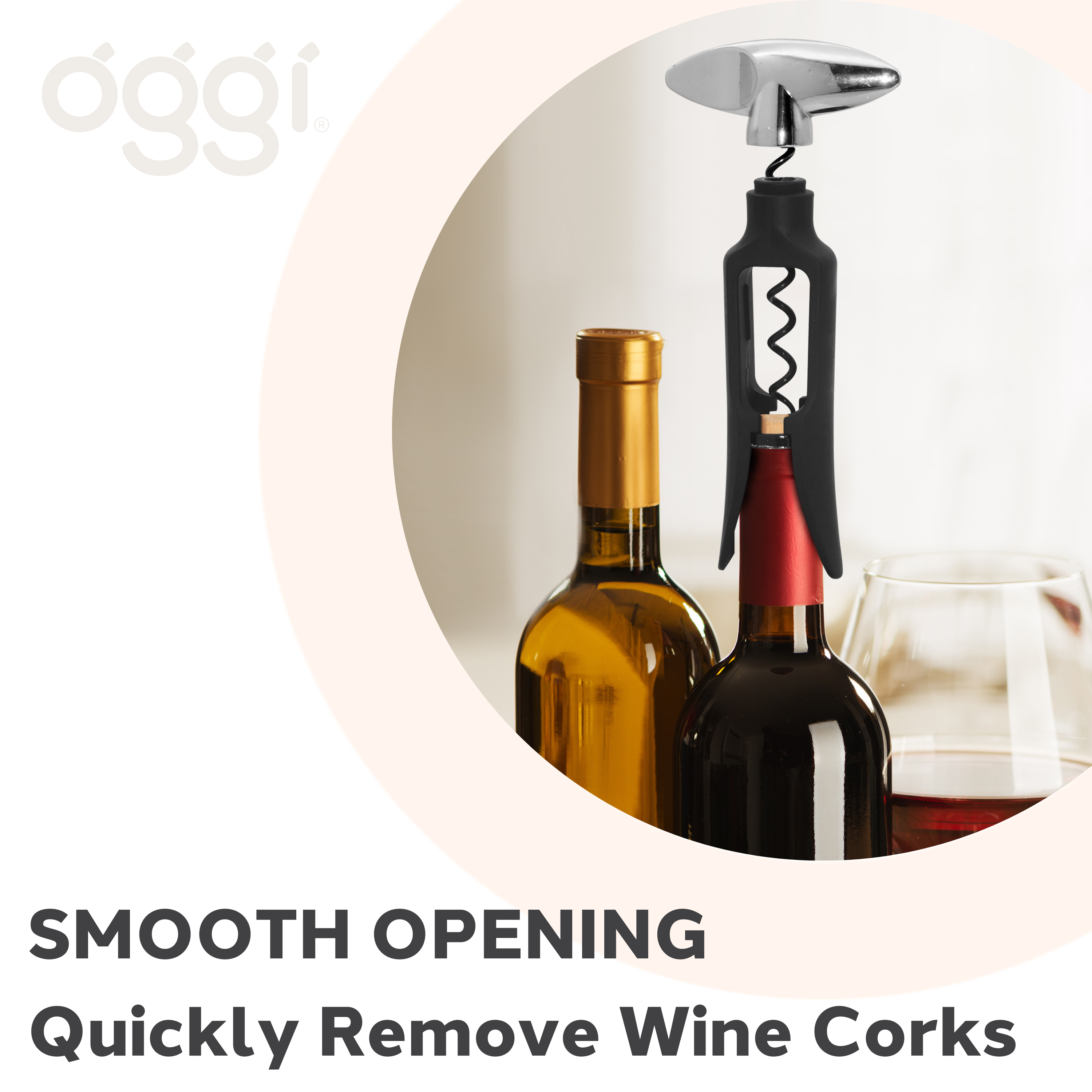 Corkscrew with wine bottles and a glass on a white background, featuring the oggi brand.