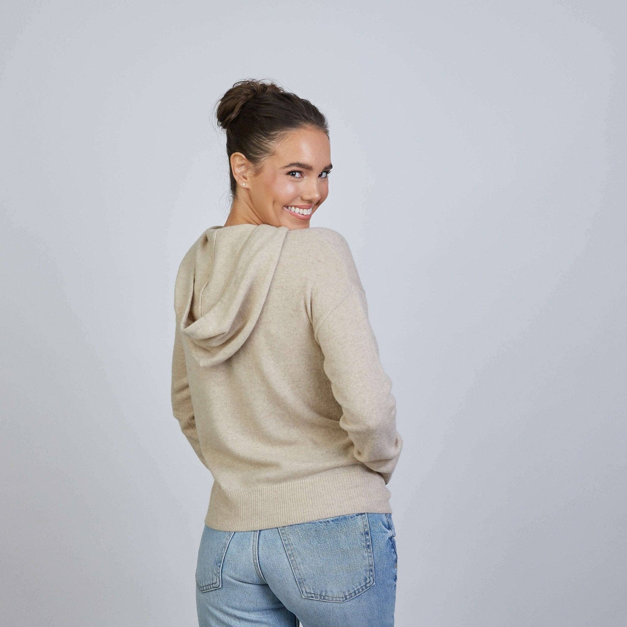 Highland Hoodie 100% Mongolian Cashmere in Beige with Black