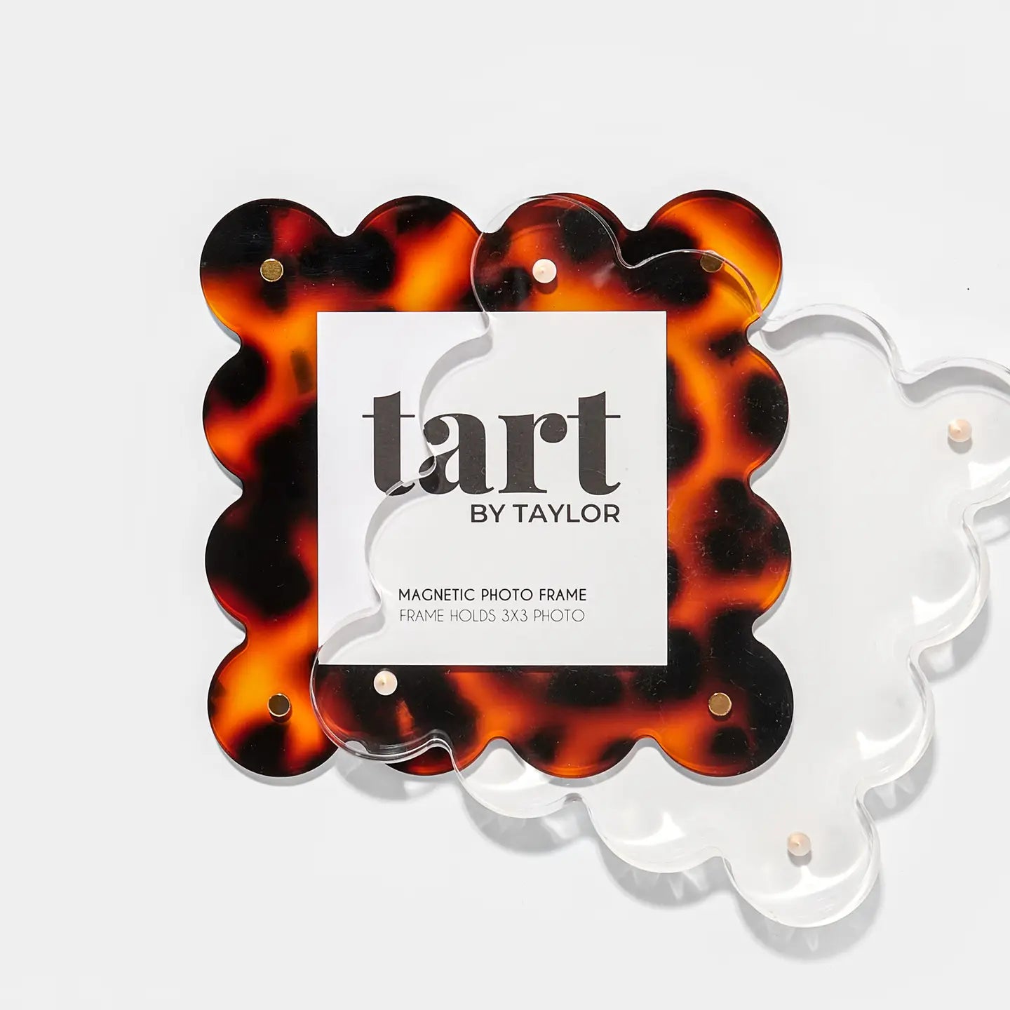 Tortoiseshell magnetic photo frame with 'tart by Taylor' branding on a white background