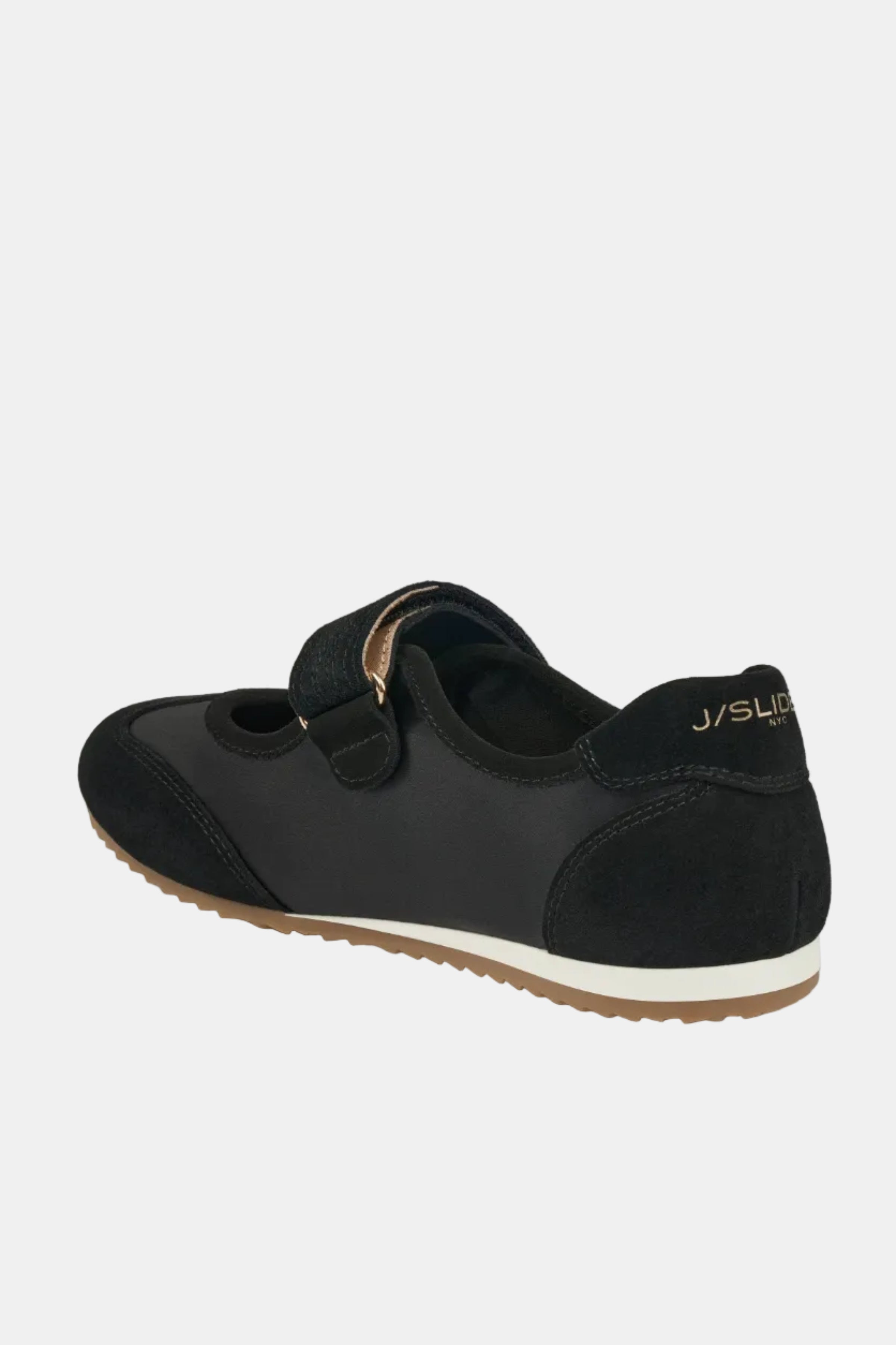 Black shoe with a visible brand logo on a white background