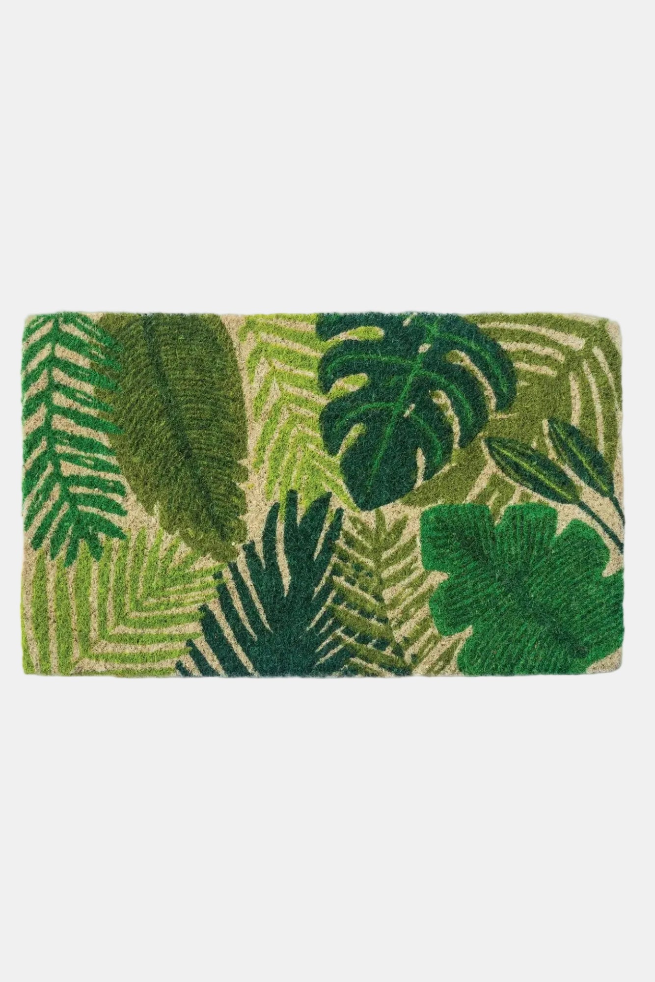 Doormat with tropical leaf pattern on a white background
