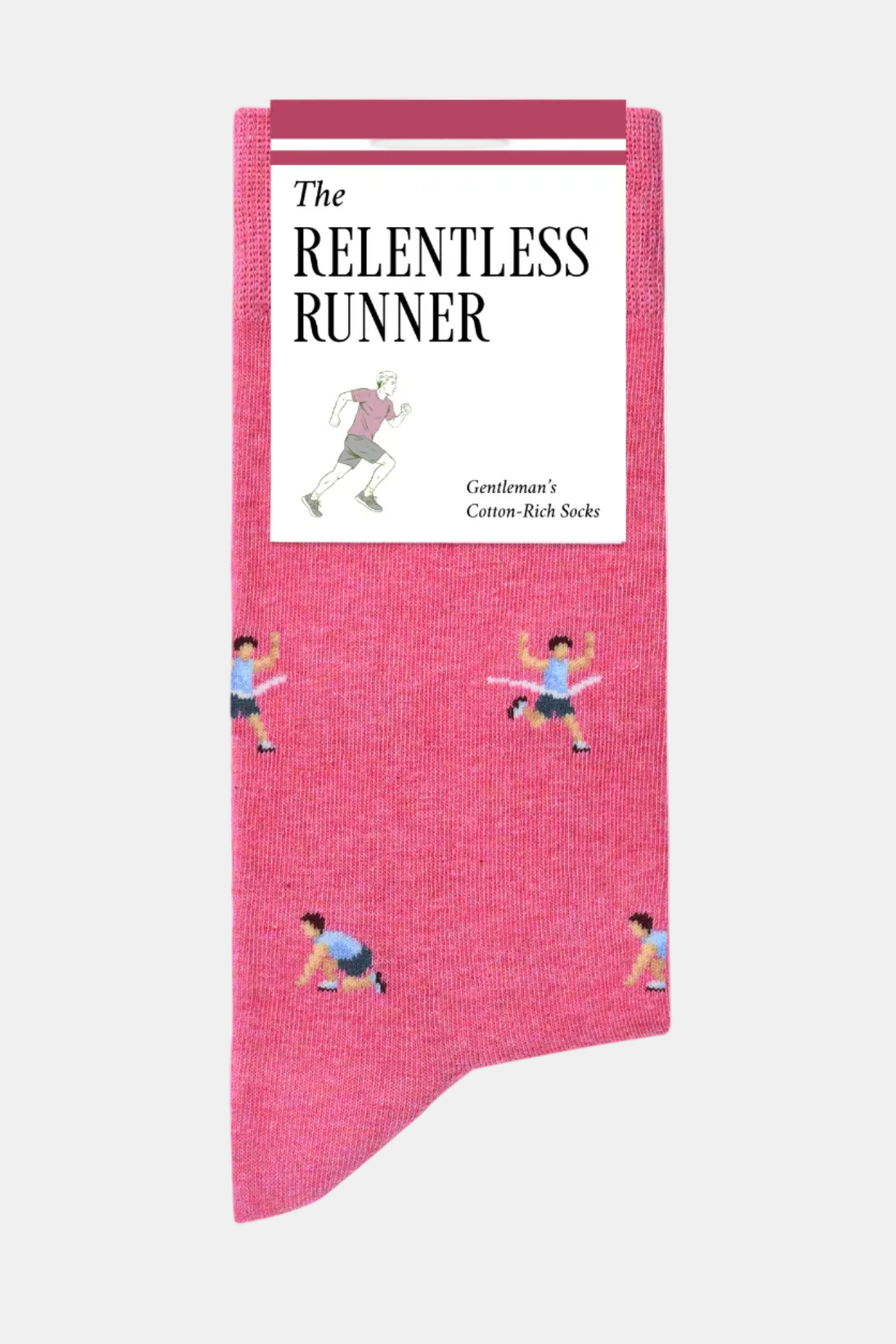 Pink sock with running-themed design and 'The Relentless Runner' label on a white background