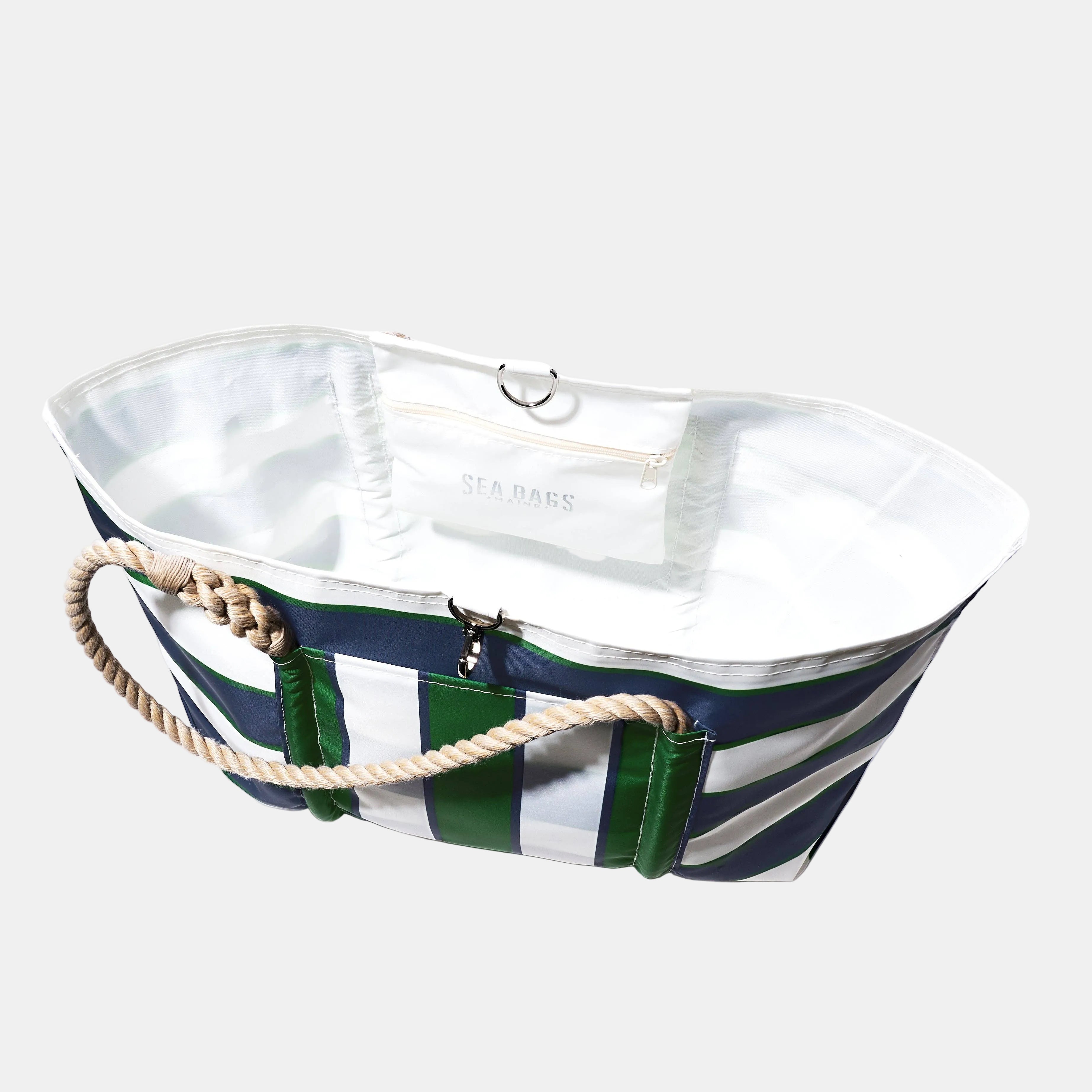 Nautical-style bag with striped pattern and rope handles on a white background