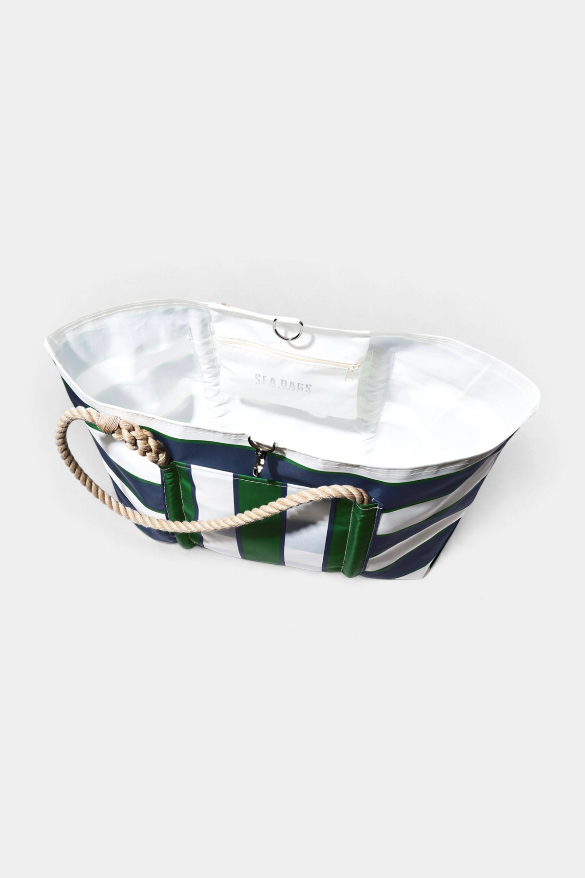 Nautical-style bag with striped pattern and rope handles on a white background