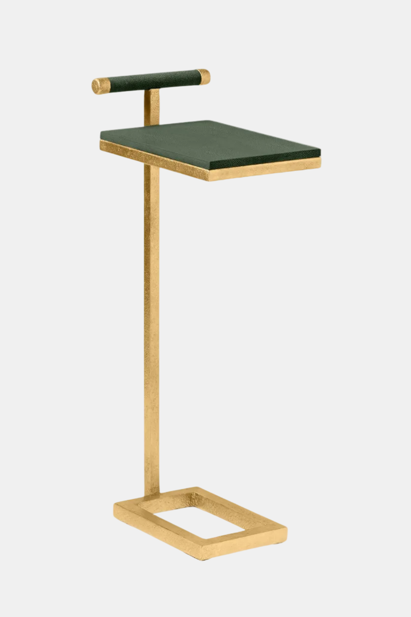 Small side table with green top and gold frame on a white background
