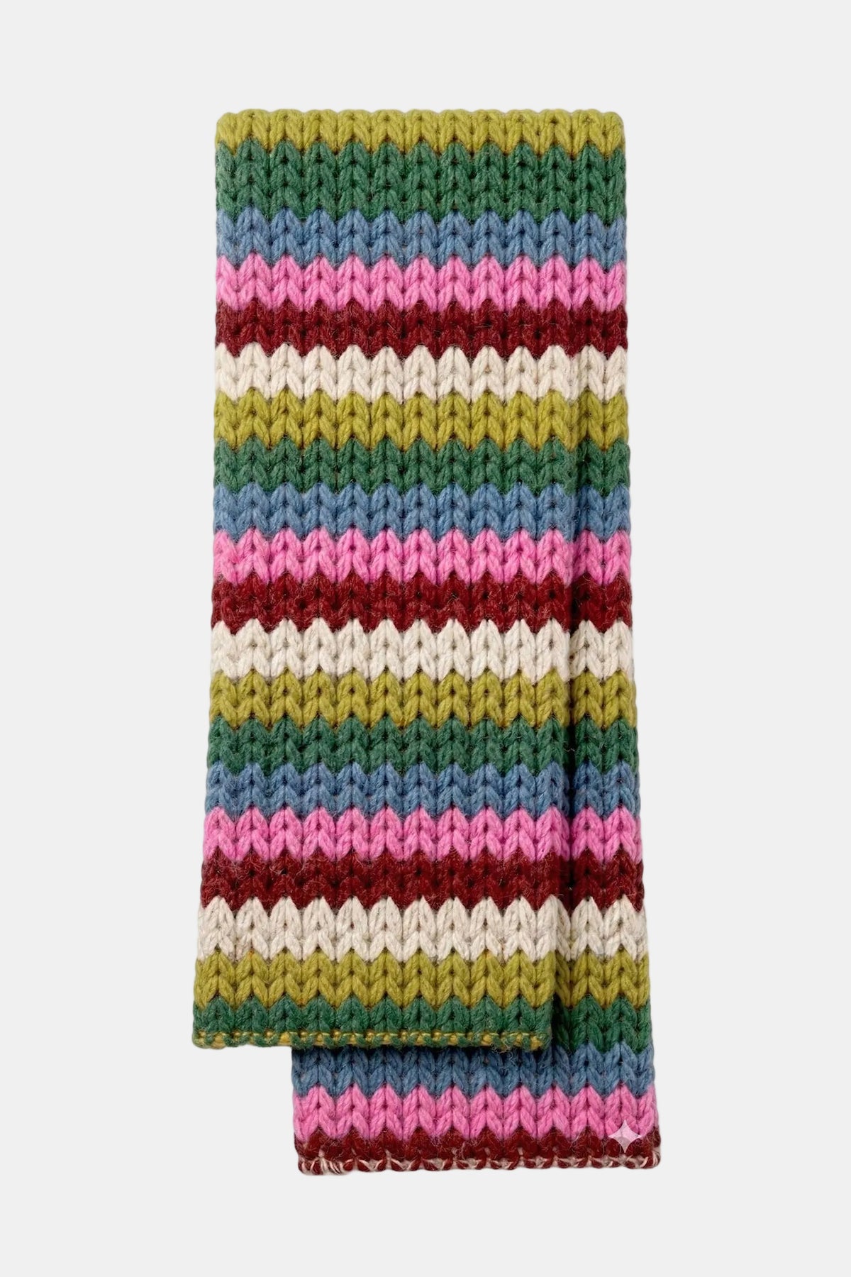 A folded chunky knit scarf with horizontal wavy stripes in olive green, teal, pink, burgundy, and cream, shown on a plain white background.