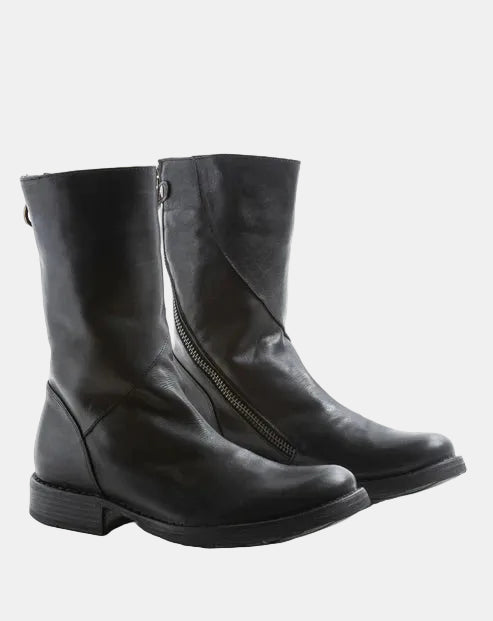 Pair of black leather boots on a white background