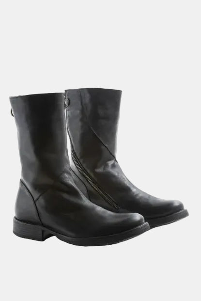 Pair of black leather boots on a white background