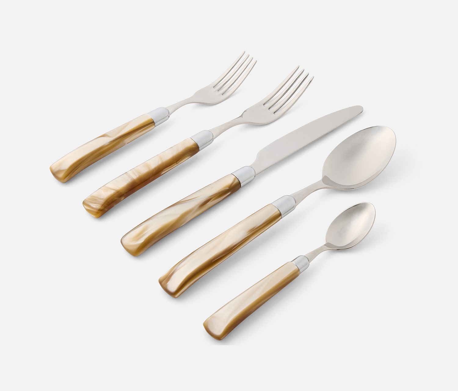 Five-piece flatware set with polished silver-tone metal heads and warm gold-toned handles, arranged diagonally on a light gray background.
