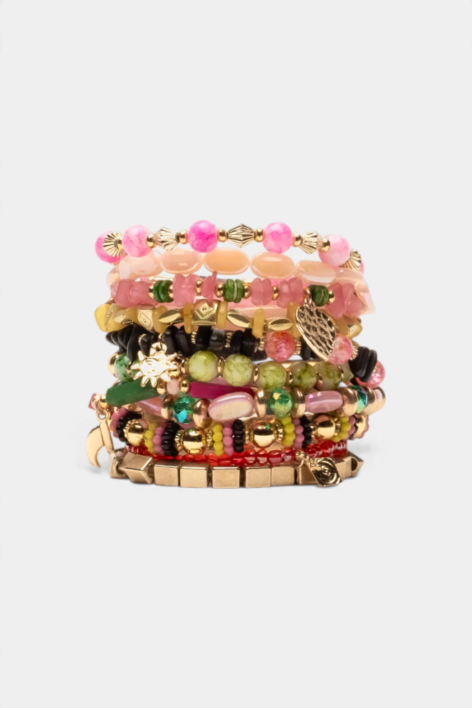 Frances Valentine handmade stacked bracelet set featuring multi-colored beads, gold accents, and decorative charms.